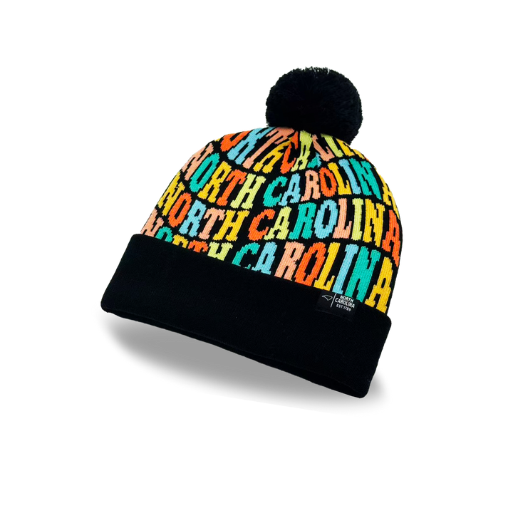 North Carolina Colorful Letter Knit Beanie – Retro Pom Pom Winter Hat with Bold Typography