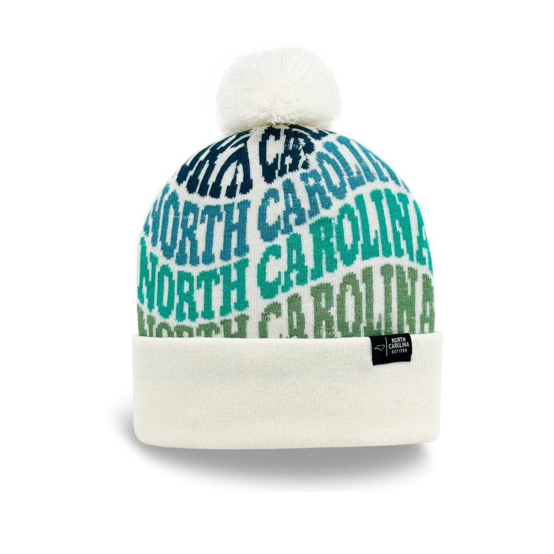 North Carolina Colorful Letter Knit Beanie – Retro Pom Pom Winter Hat with Bold Typography