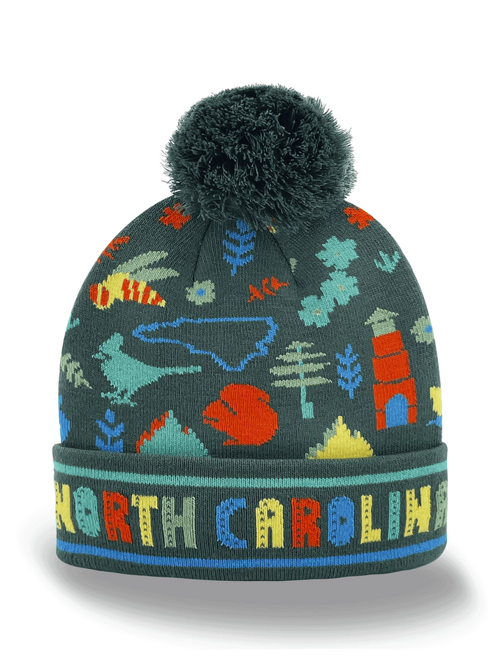 North Carolina Knit Beanie with Lighthouse, Cardinal, Mountains & State Icons