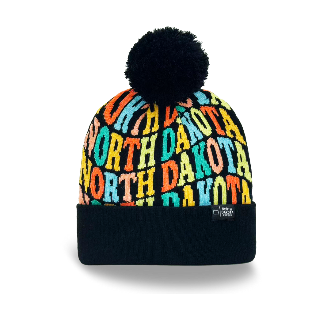 North Dakota Colorful Letter Knit Beanie – Retro Pom Pom Winter Hat with Bold Typography