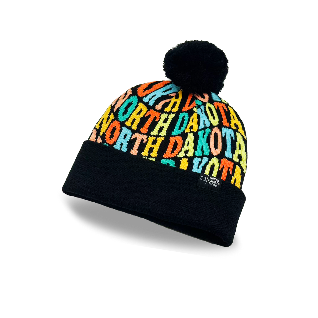 North Dakota Colorful Letter Knit Beanie – Retro Pom Pom Winter Hat with Bold Typography