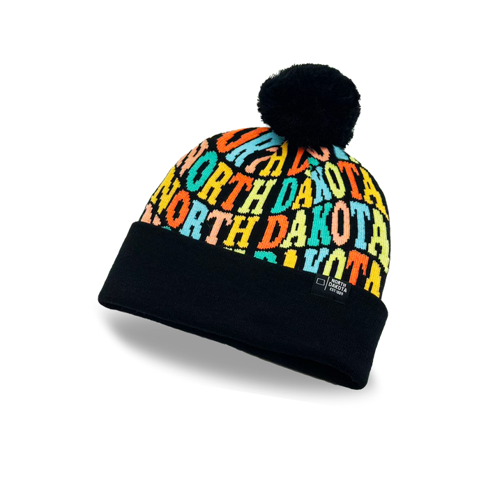 North Dakota Colorful Letter Knit Beanie – Retro Pom Pom Winter Hat with Bold Typography