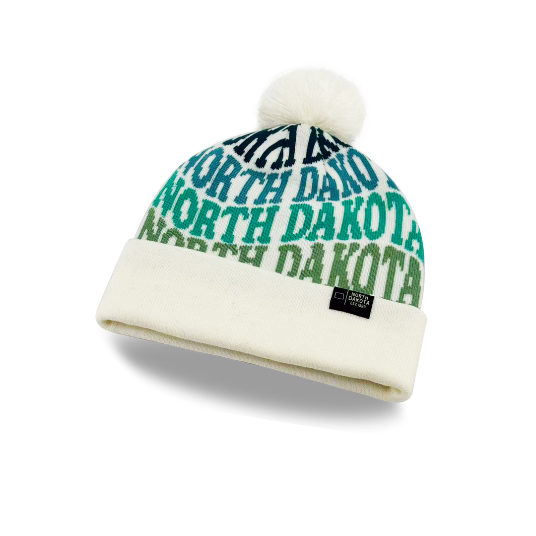 North Dakota Colorful Letter Knit Beanie – Retro Pom Pom Winter Hat with Bold Typography
