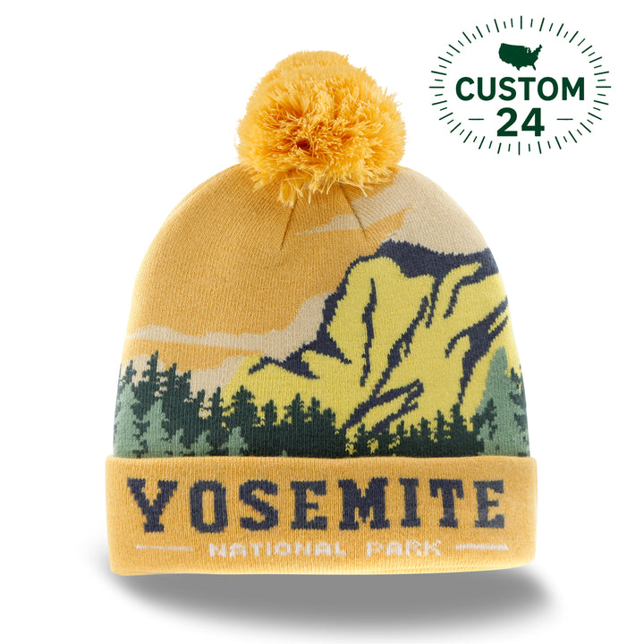 Yosemite National Park Beanie Hat Outdoor Hiking Knit Cap with Mountain Forest Pom Pom