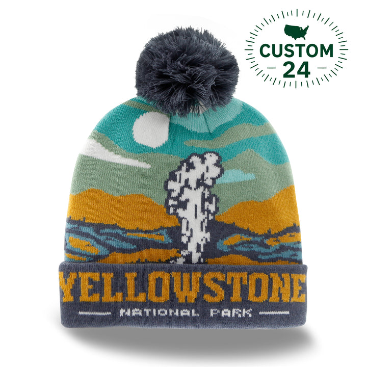 Yellowstone National Park Knit Beanie Hat with Pom Pom Winter Outdoor Geyser Design Cap