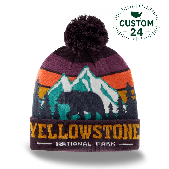Yellowstone National Park Beanie Hat Outdoor Hiking Knit Cap with Bear Mountain Pom Pom