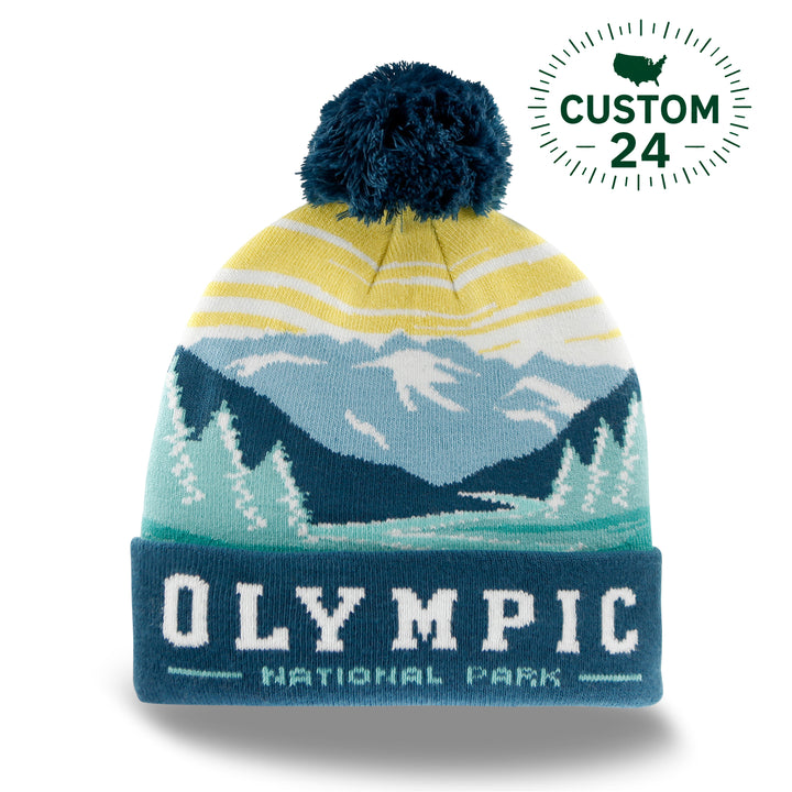 Olympic National Park Beanie Hat Outdoor Hiking Knit Cap with Mountain Sunrise Pom Pom