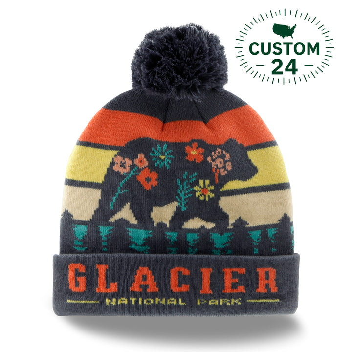 Glacier National Park Beanie Hat with Pom | Winter Knit Bear Design Hiking Gift