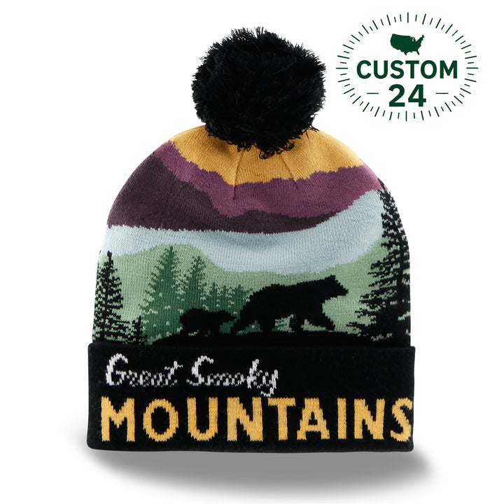 Great Smoky Mountains Beanie Hat with Bear and Forest Winter Knit Cap