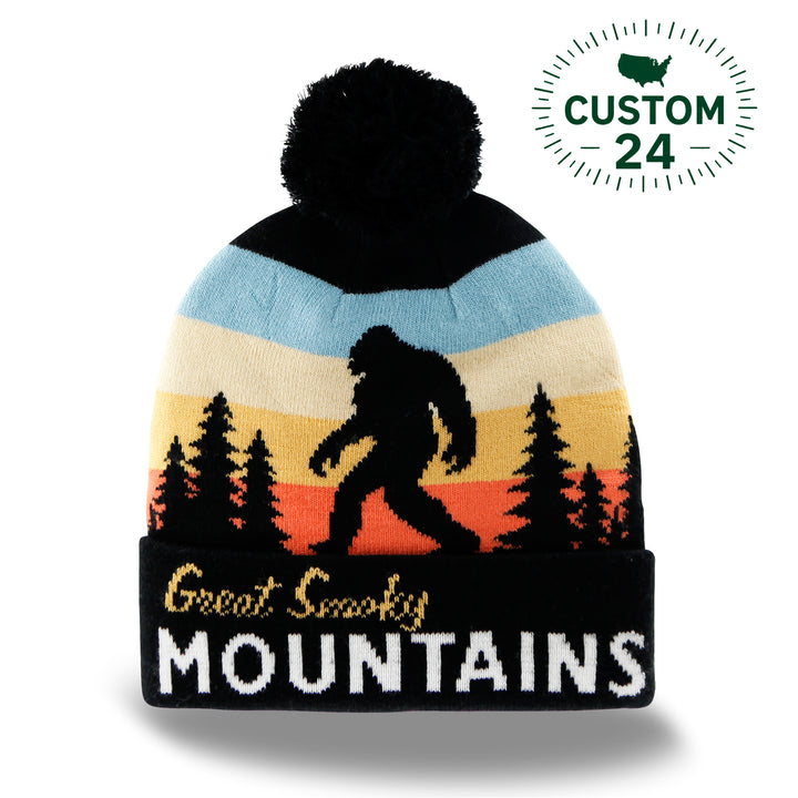 Great Smoky Mountains Beanie Hat with Pom Pom Bigfoot Sasquatch Hiking Knit Cap Gift