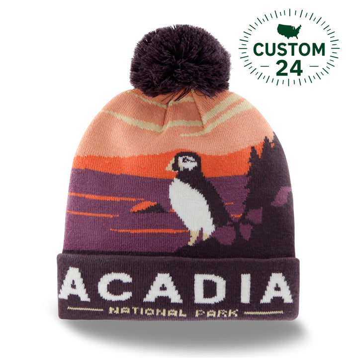 Acadia National Park Beanie Hat with Puffin Pom Pom Winter Knit Cap Outdoor Hiking Hat
