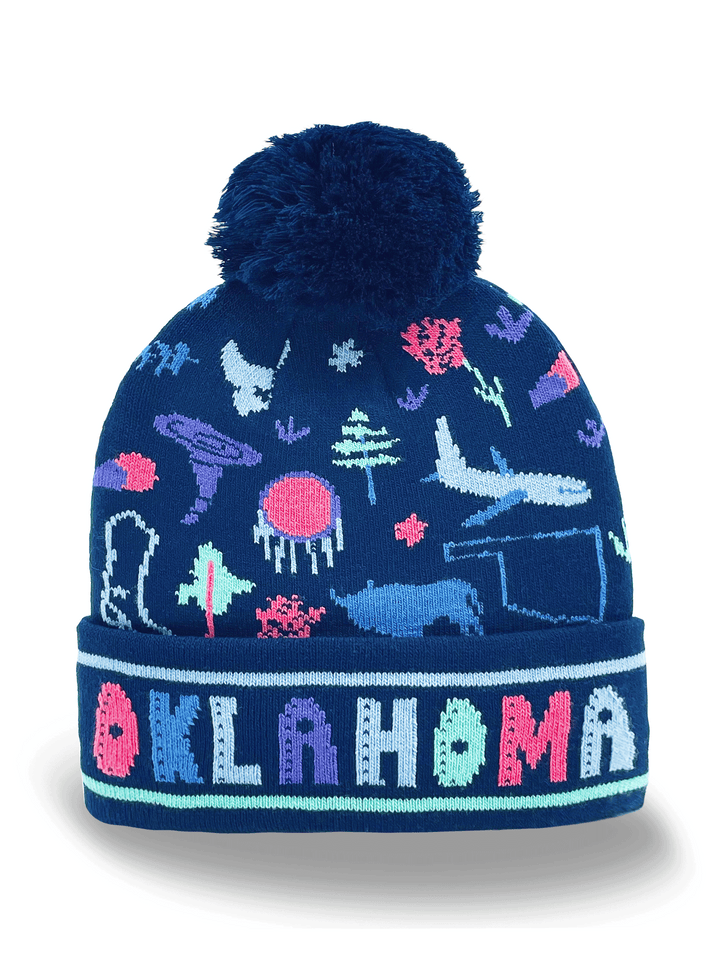 South Dakota Knit Beanie Hat with Bison Mount Rushmore Nature Pattern Winter Pom Pom Cap