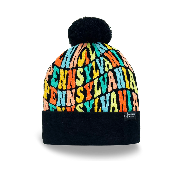 Pennsylvania Colorful Letter Knit Beanie – Retro Pom Pom Winter Hat with Bold Typography