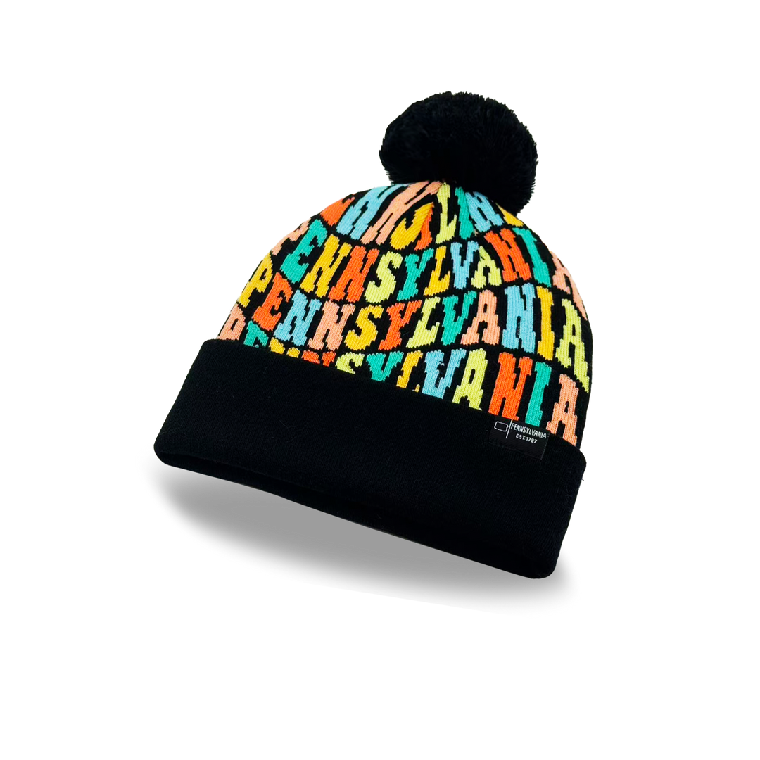 Pennsylvania Colorful Letter Knit Beanie – Retro Pom Pom Winter Hat with Bold Typography