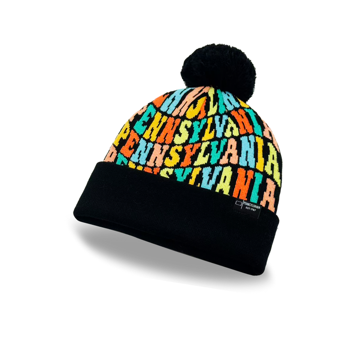 Pennsylvania Colorful Letter Knit Beanie – Retro Pom Pom Winter Hat with Bold Typography
