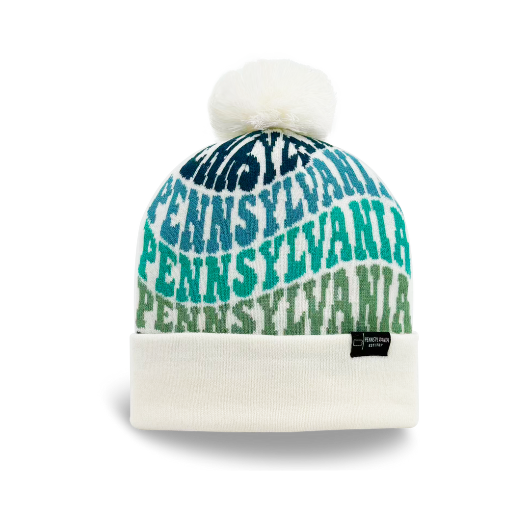 Pennsylvania Colorful Letter Knit Beanie – Retro Pom Pom Winter Hat with Bold Typography