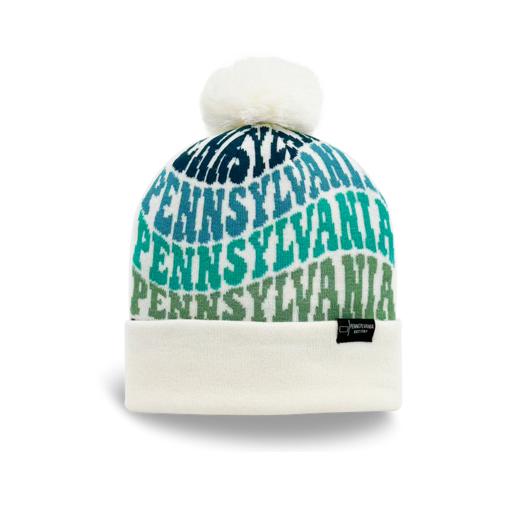 Pennsylvania Colorful Letter Knit Beanie – Retro Pom Pom Winter Hat with Bold Typography