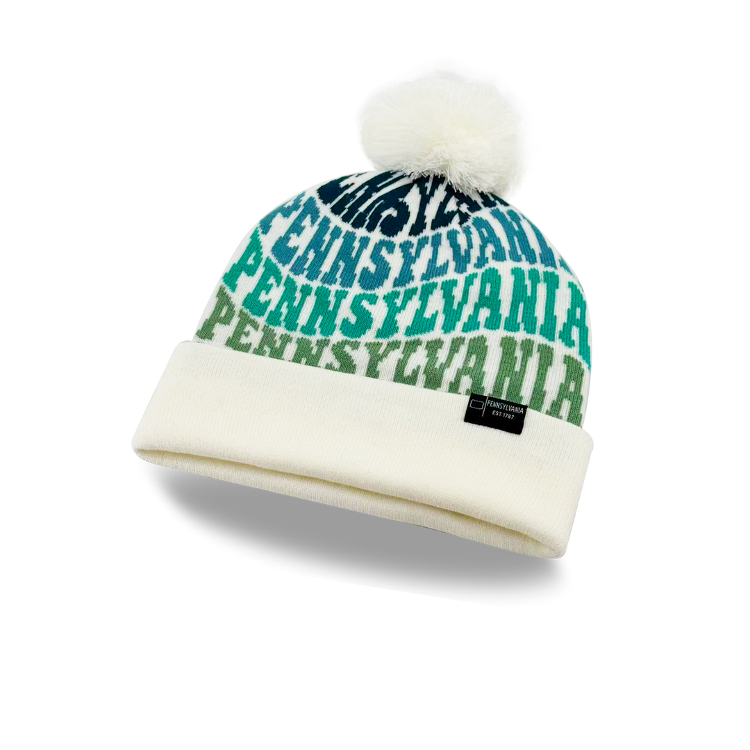 Pennsylvania Colorful Letter Knit Beanie – Retro Pom Pom Winter Hat with Bold Typography