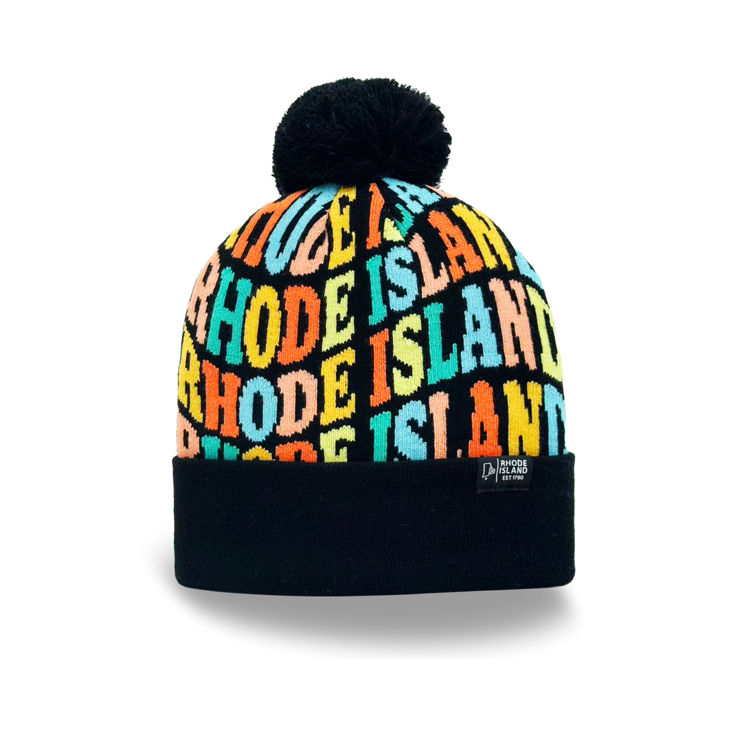 Rhode Island Colorful Letter Knit Beanie – Retro Pom Pom Winter Hat with Bold Typography