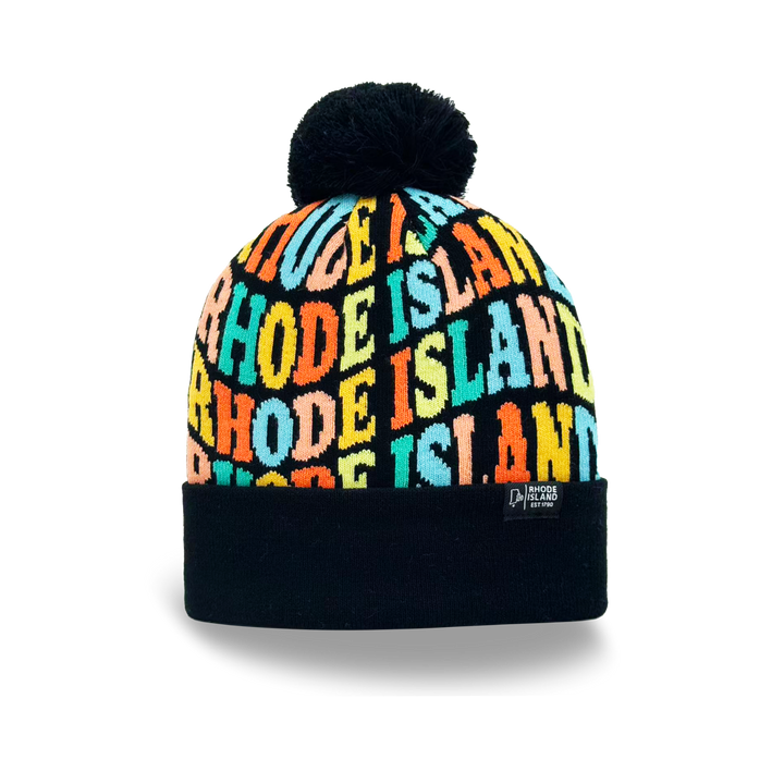 Rhode Island Colorful Letter Knit Beanie – Retro Pom Pom Winter Hat with Bold Typography