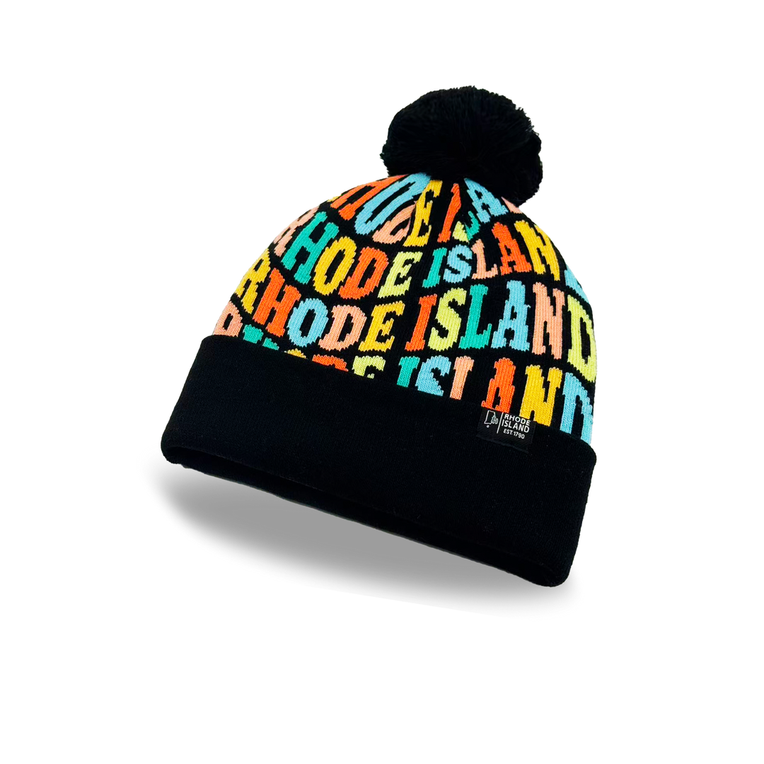 Rhode Island Colorful Letter Knit Beanie – Retro Pom Pom Winter Hat with Bold Typography