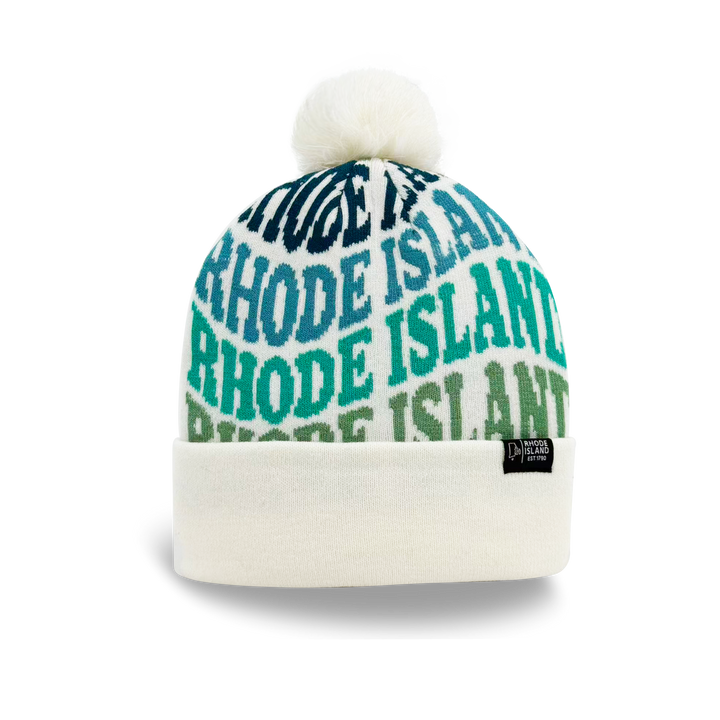 Rhode Island Colorful Letter Knit Beanie – Retro Pom Pom Winter Hat with Bold Typography