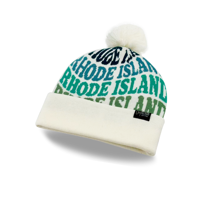 Rhode Island Colorful Letter Knit Beanie – Retro Pom Pom Winter Hat with Bold Typography