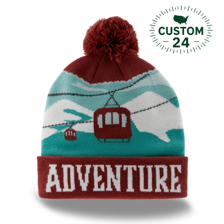 able Car Beanie Winter Knit Hat with Pom Pom Mountain Ski Resort Design