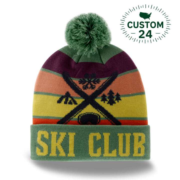 Ski Pattern Knit Beanie Winter Hat with Pom Pom Snowboarding Outdoor Souvenir