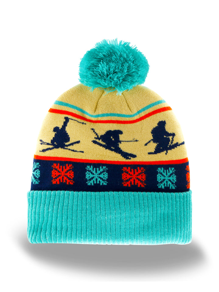 Ski Pattern Beanie Winter Knit Hat with Pom Pom Snow Sports Design
