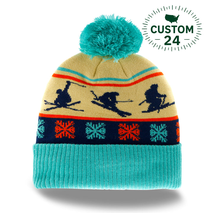 Ski Pattern Beanie Winter Knit Hat with Pom Pom Snow Sports Design
