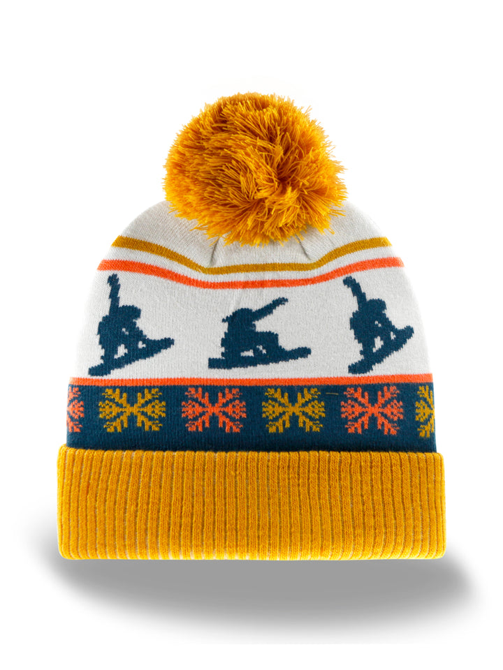 Ski Pattern Beanie Winter Knit Hat with Pom Pom Snow Sports Design