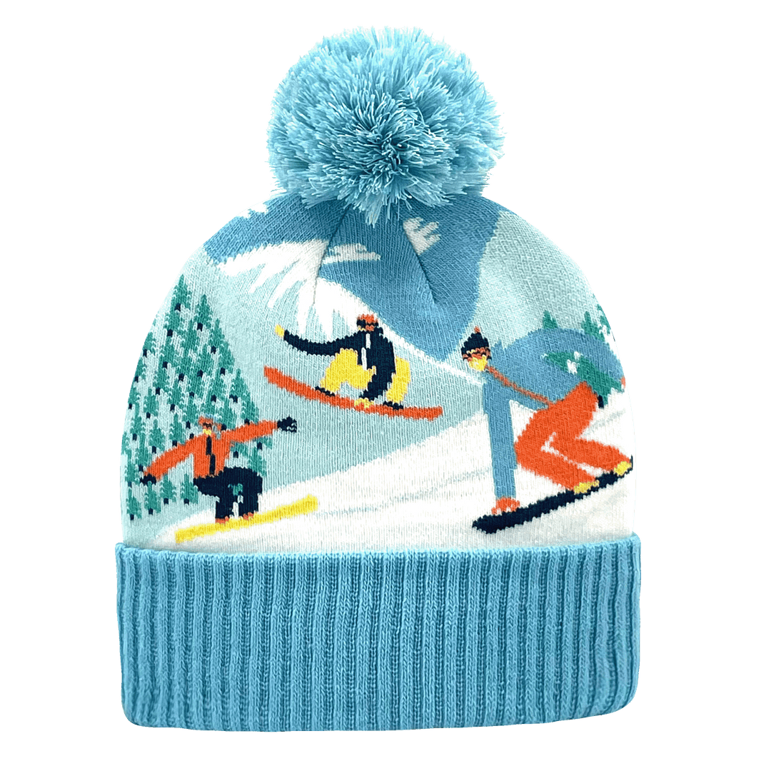 Playful Snowboard Ski Knit Beanie Hat with Winter Outdoor Adventure Theme