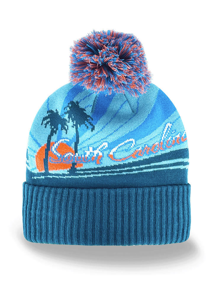 South Carolina Knit Beanie Hat with Palm Tree Sunset Design Winter Pom Cap
