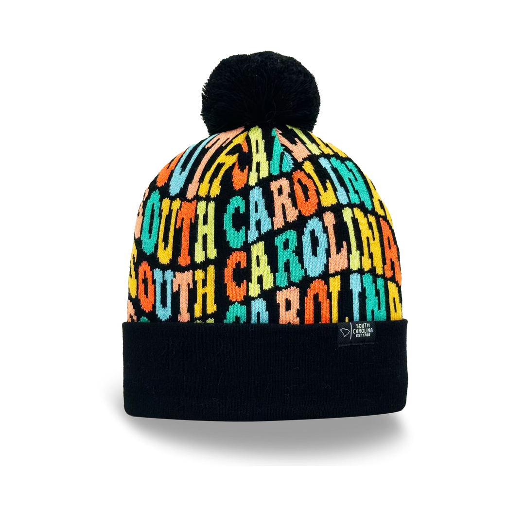 South Carolina Colorful Letter Knit Beanie – Retro Pom Pom Winter Hat with Bold Typography