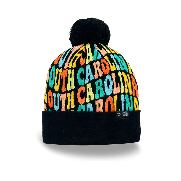 South Carolina Colorful Letter Knit Beanie – Retro Pom Pom Winter Hat with Bold Typography