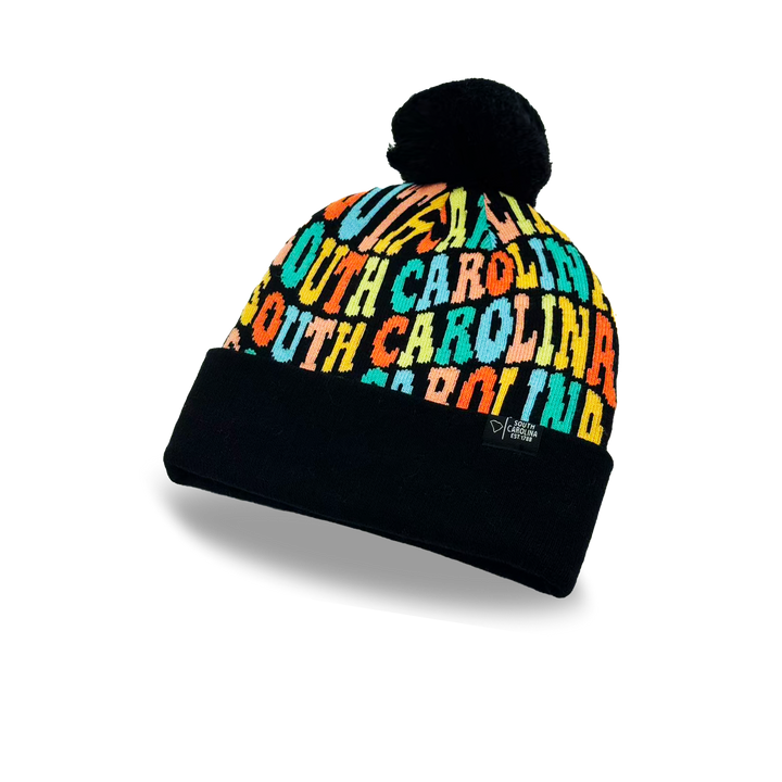 South Carolina Colorful Letter Knit Beanie – Retro Pom Pom Winter Hat with Bold Typography