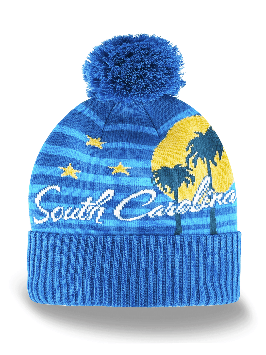South Carolina Knit Beanie Hat with Palm Tree Sunset Design Winter Pom Cap