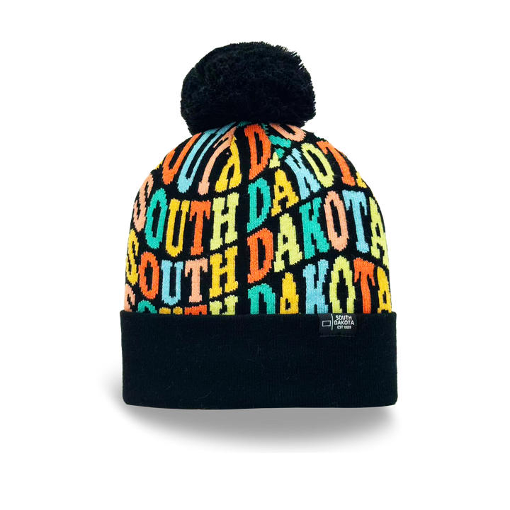 South Dakota Colorful Letter Knit Beanie – Retro Pom Pom Winter Hat with Bold Typography