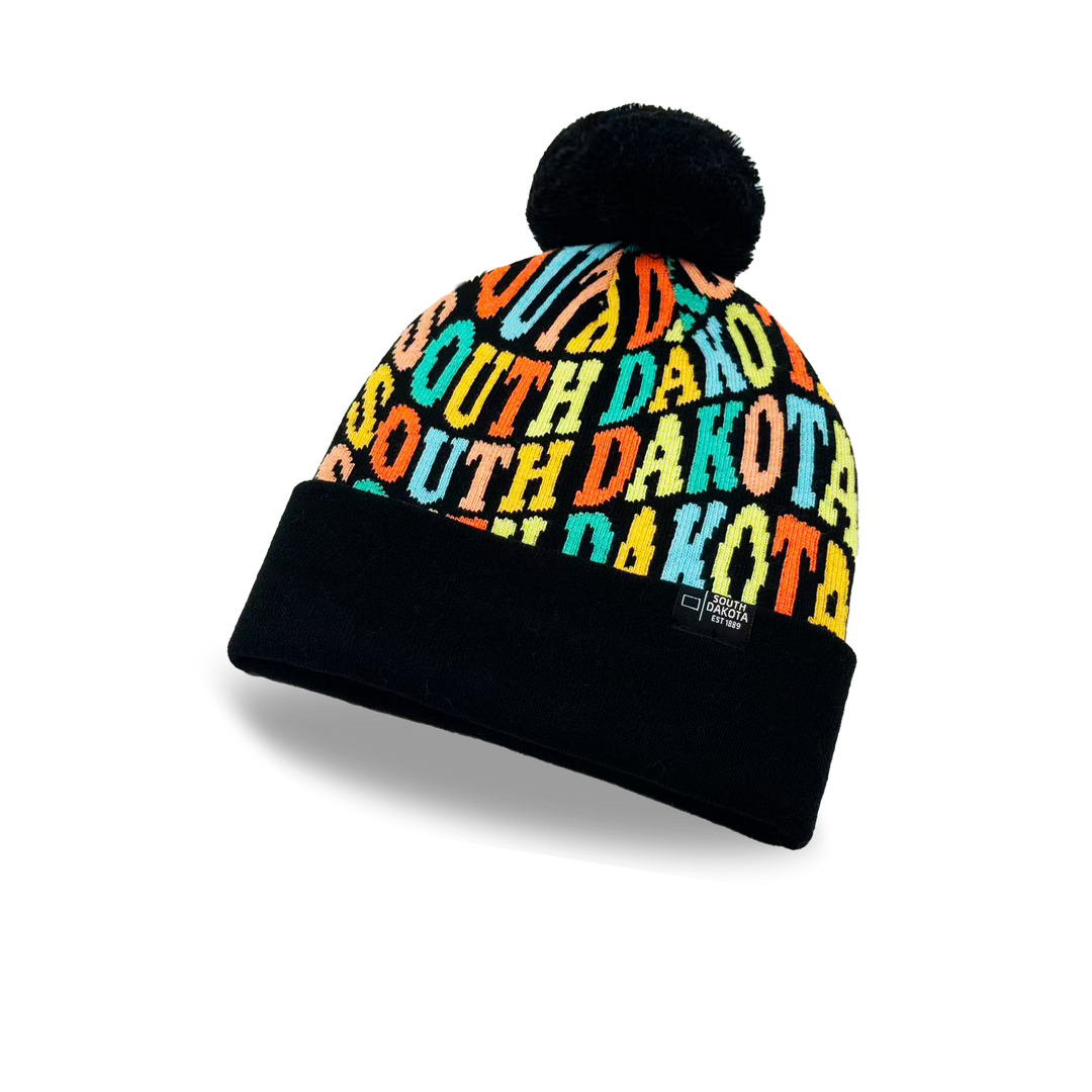 South Dakota Colorful Letter Knit Beanie – Retro Pom Pom Winter Hat with Bold Typography