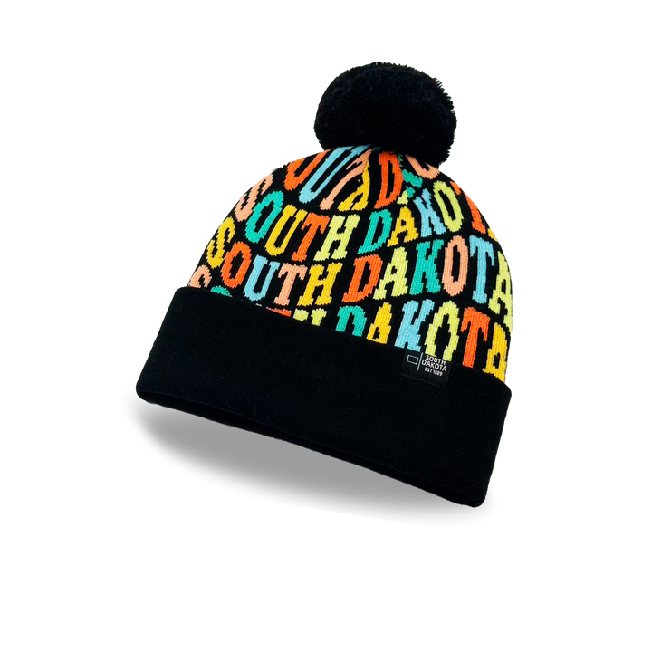 South Dakota Colorful Letter Knit Beanie – Retro Pom Pom Winter Hat with Bold Typography