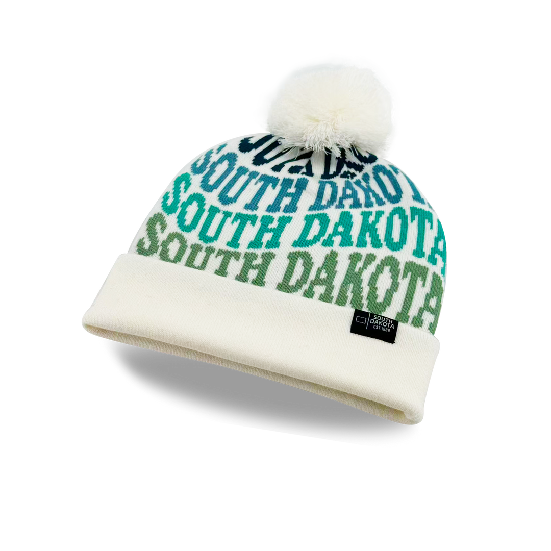 South Dakota Colorful Letter Knit Beanie – Retro Pom Pom Winter Hat with Bold Typography