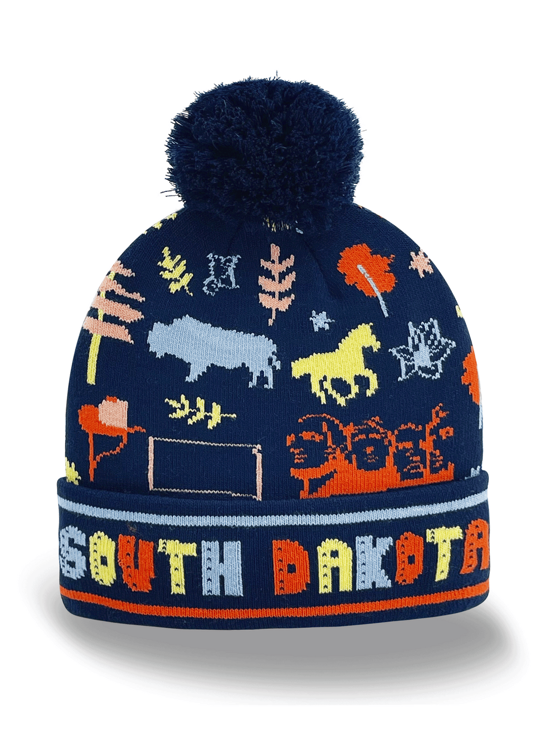 South Dakota Knit Beanie Hat with Bison Mount Rushmore Nature Pattern Winter Pom Pom Cap