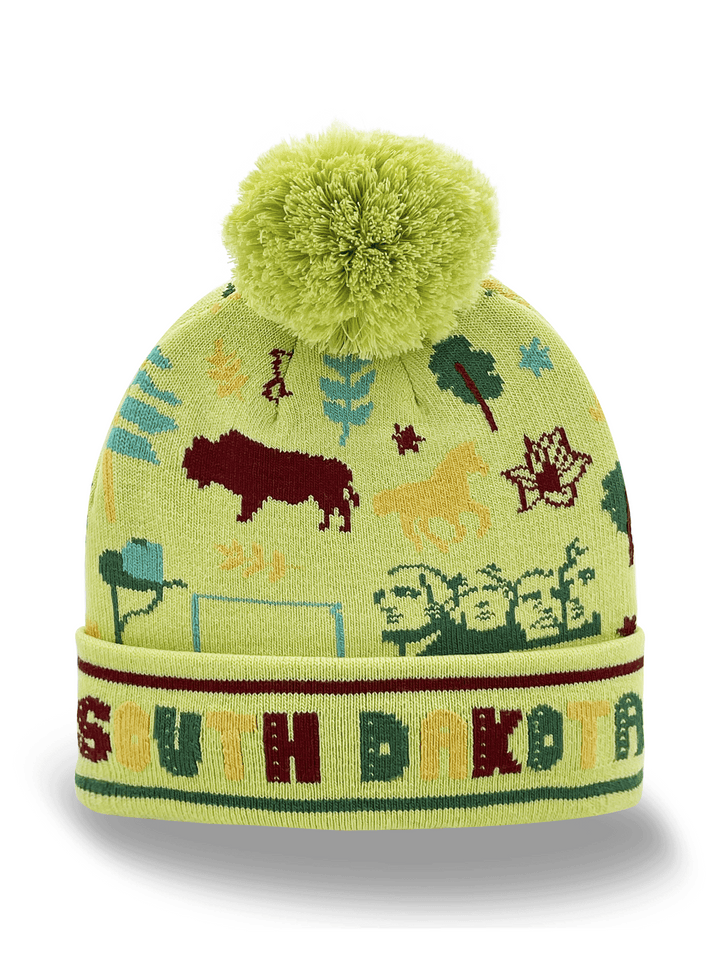 South Dakota Knit Beanie Hat with Bison Mount Rushmore Nature Pattern Winter Pom Pom Cap
