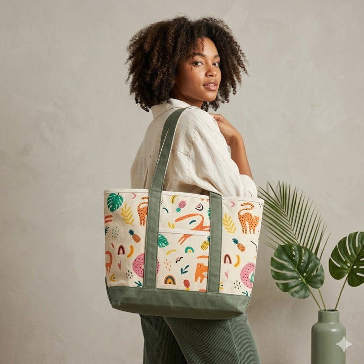 Playful Jungle Adventure Canvas Tote Bag ¨C Tropical Animal Travel Carryall