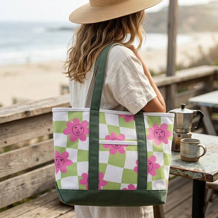 Retro Smiley Flower Canvas Tote Bag ¨C Playful Checkerboard Carryall