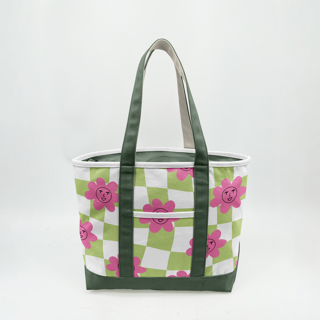 Retro Smiley Flower Canvas Tote Bag ¨C Playful Checkerboard Carryall