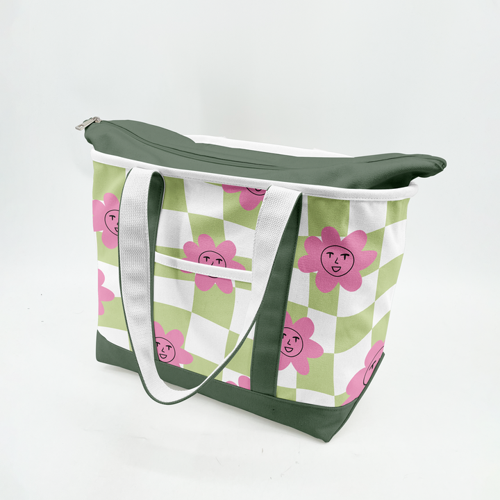 Retro Smiley Flower Canvas Tote Bag ¨C Playful Checkerboard Carryall
