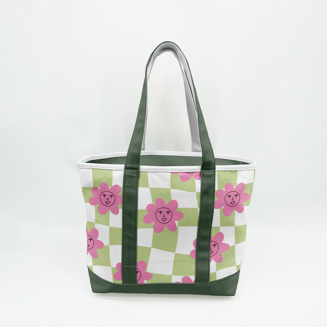 Retro Smiley Flower Canvas Tote Bag ¨C Playful Checkerboard Carryall
