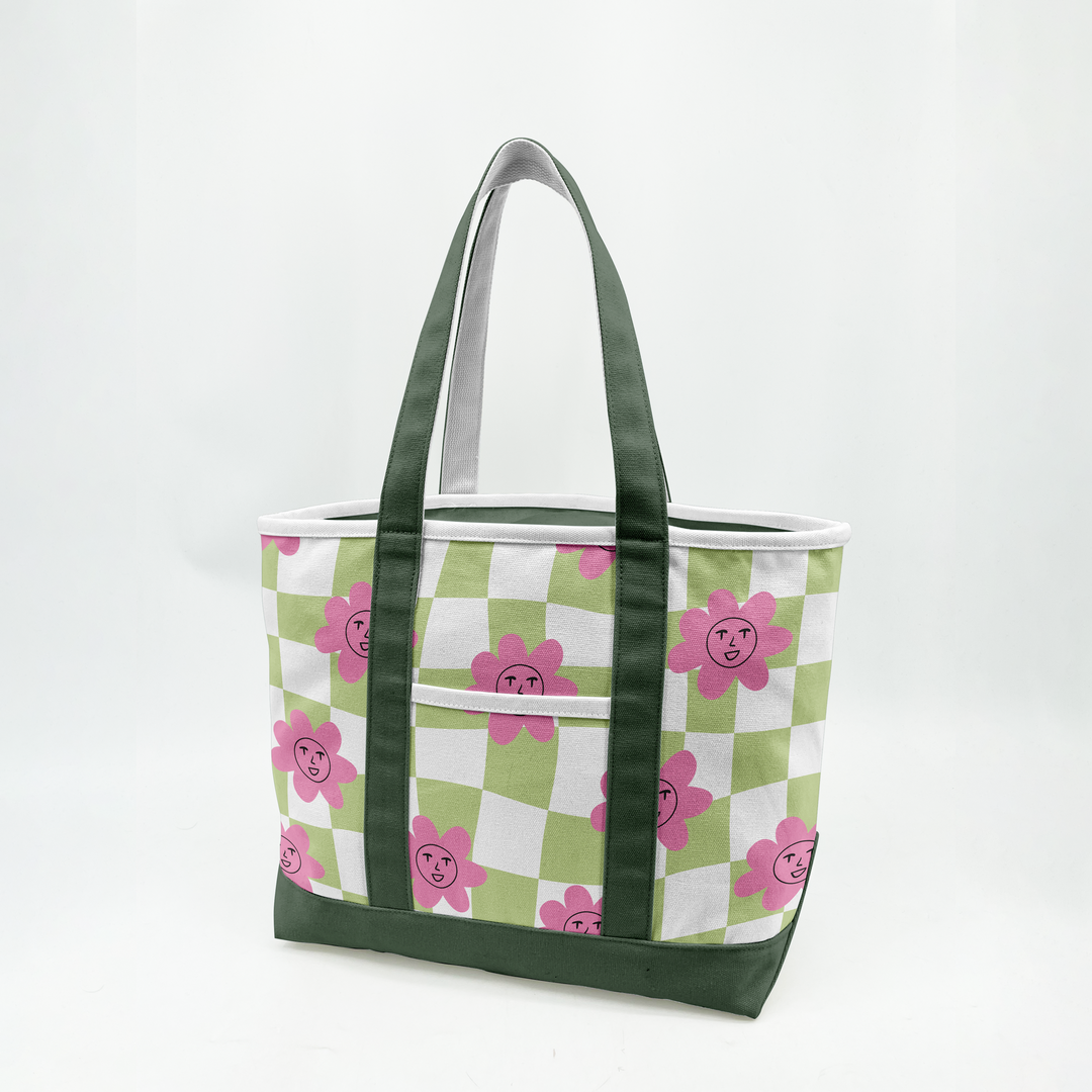 Retro Smiley Flower Canvas Tote Bag ¨C Playful Checkerboard Carryall